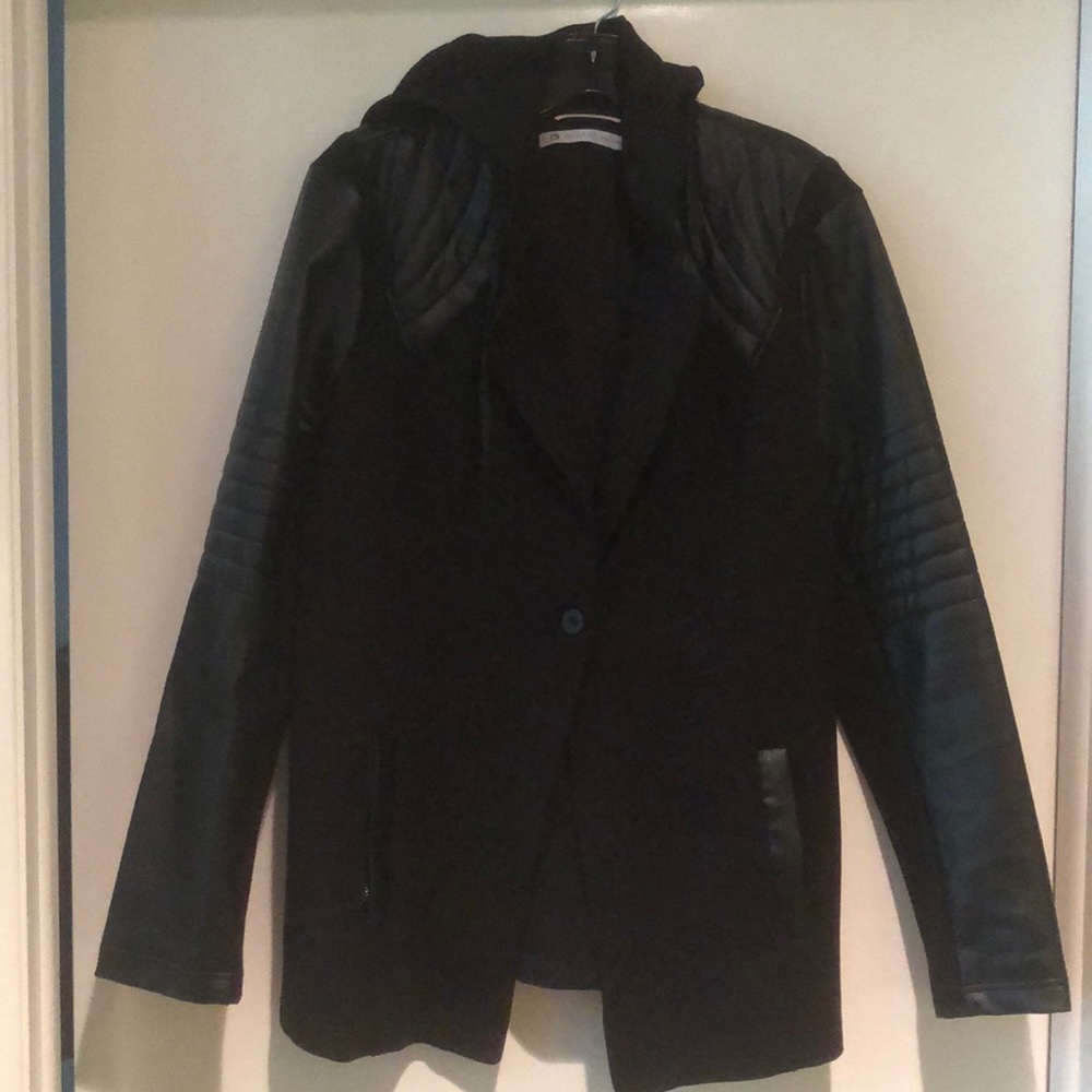 Blanc Noir Hooded Moto Blazer with Faux Leather Sleeves - Size XL Brand New